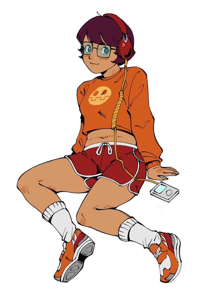 drawing of velma dinkley wearing a cropped orange sweater, red shorts, white socks and orange sneakers. she's wearing red headphones connected to a music player