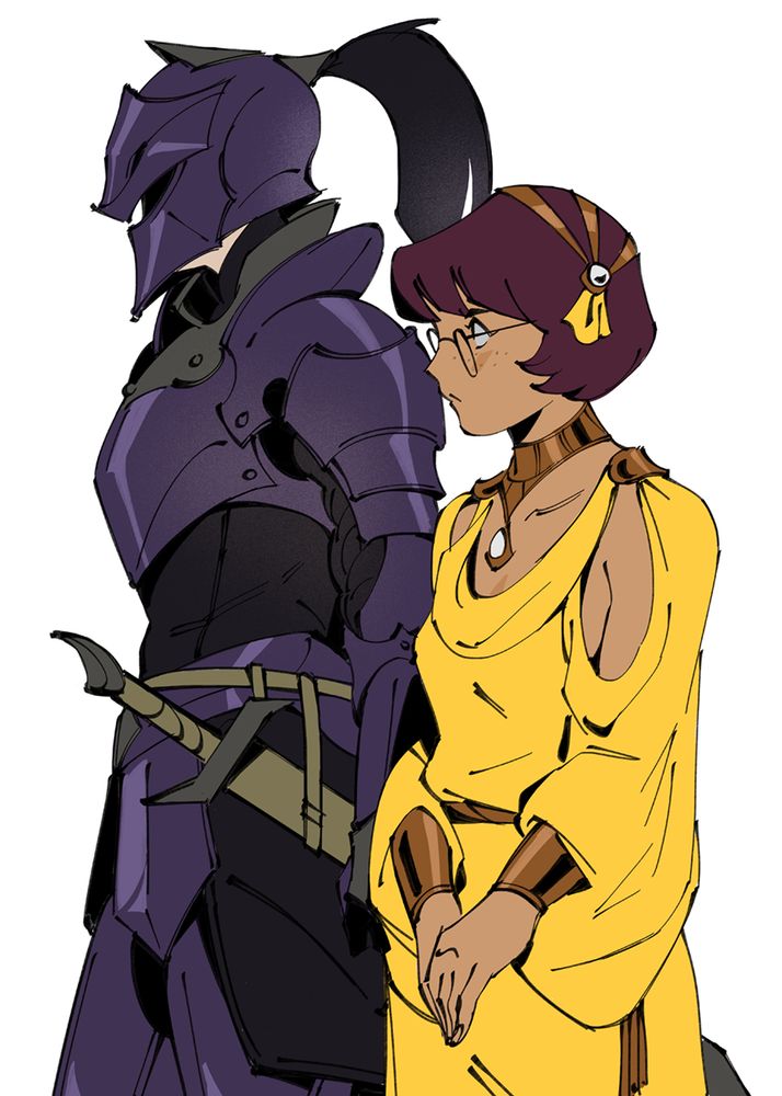 a dark knight (daphne) is walking beside the princess (velma), who is slightly exasperated at their presence