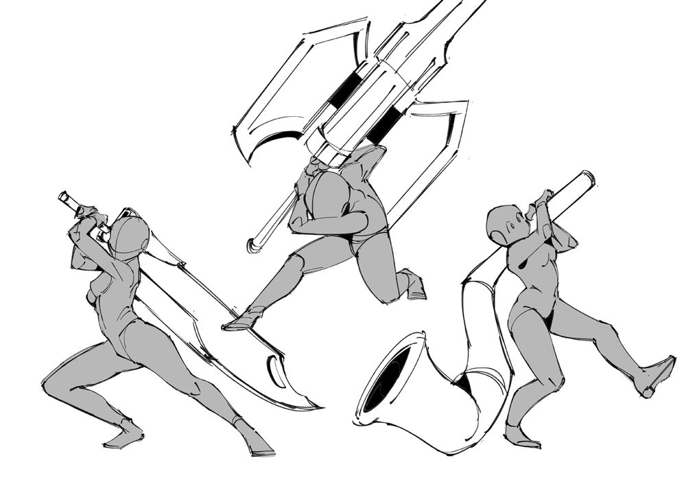from left to right: a figure wielding a greatsword in a TCS  pose, a figure wielding a charge blade in a SAED pose, and a figure struggling to lift a hunting horn