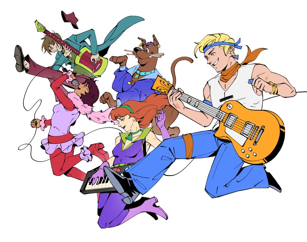 illustration of the gang wearing their band outfits from Scooby-Doo! and The Legend of The Vampire (2003)