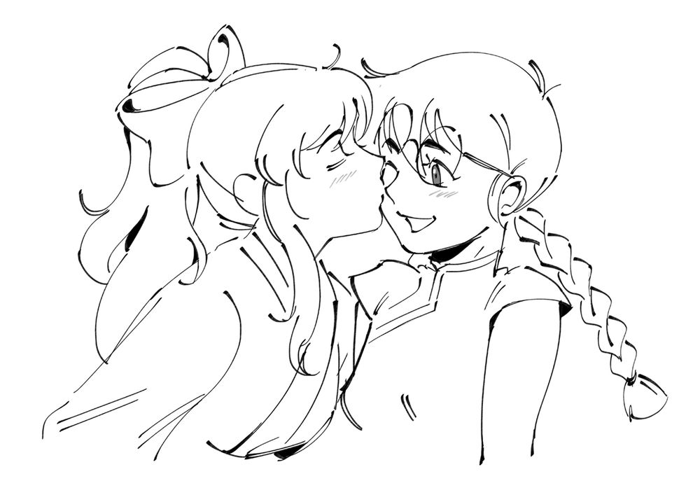 doodle of sakura shinguji kissing ri kohran on the cheek

#rkgk