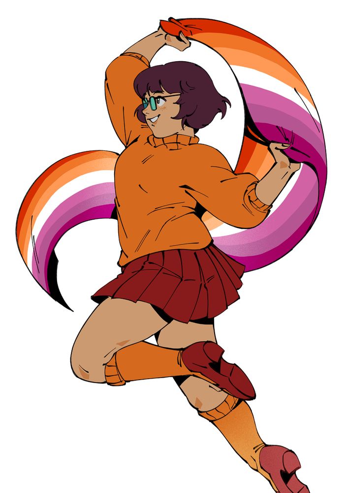 illustration of velma dinkley flying the lesbian flag