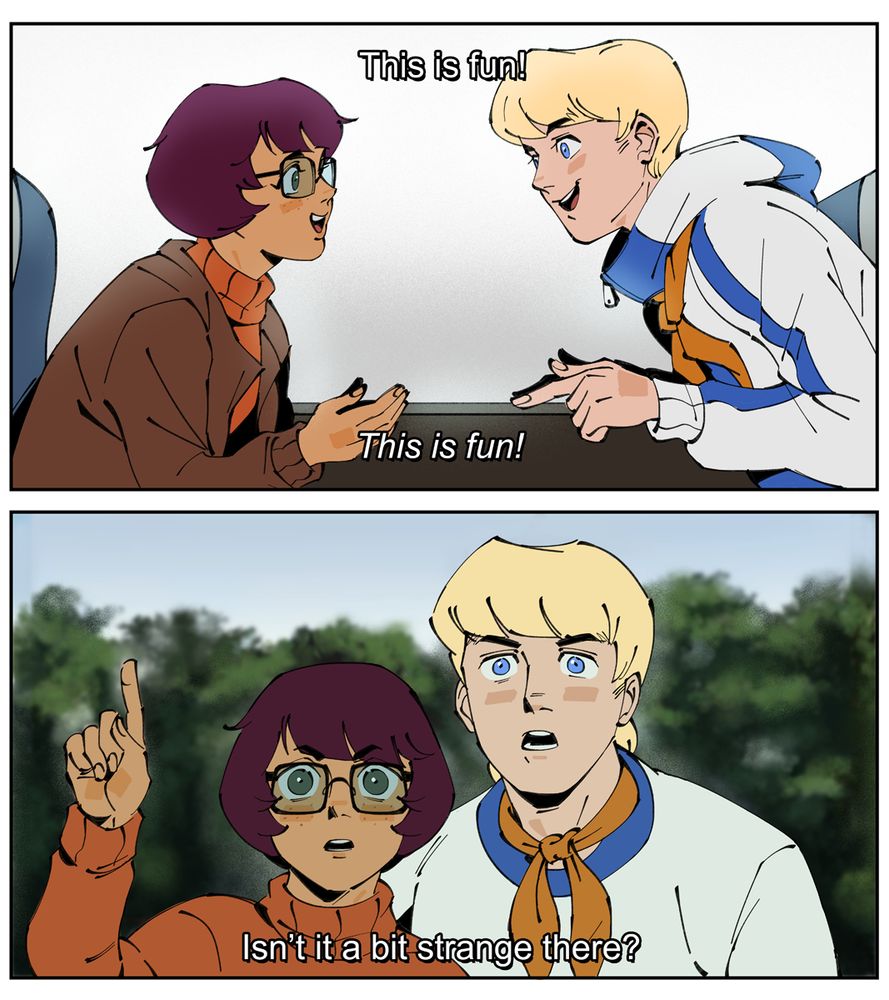 scenes from dandadan ep 12 feat. okarun and jiji redrawn with velma dinkley and fred jones