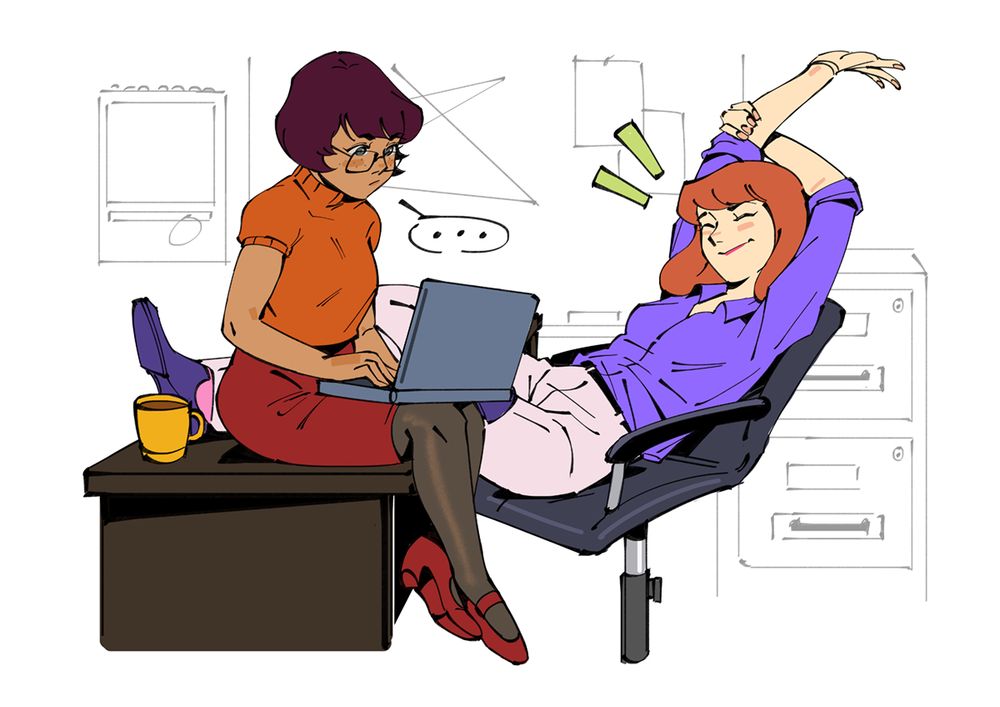 velma and daphne taking a break. daphne is sitting on an office chair stretching her arm, while velma is sitting on the desk and is on her laptop
