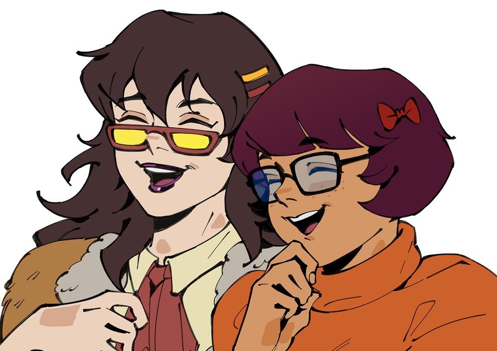 drawing of velma dinkley and marcie fleach (scoooby doo: mystery incorporated) laughing together