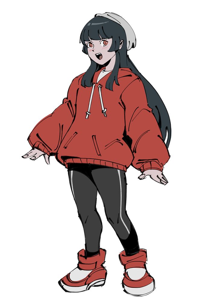 sketch of a pale girl with long dark hair, wearing an oversized hoodie and black leggings with a single stripe running down either side. she's wearing chunky red and white shoes and a gray beanie