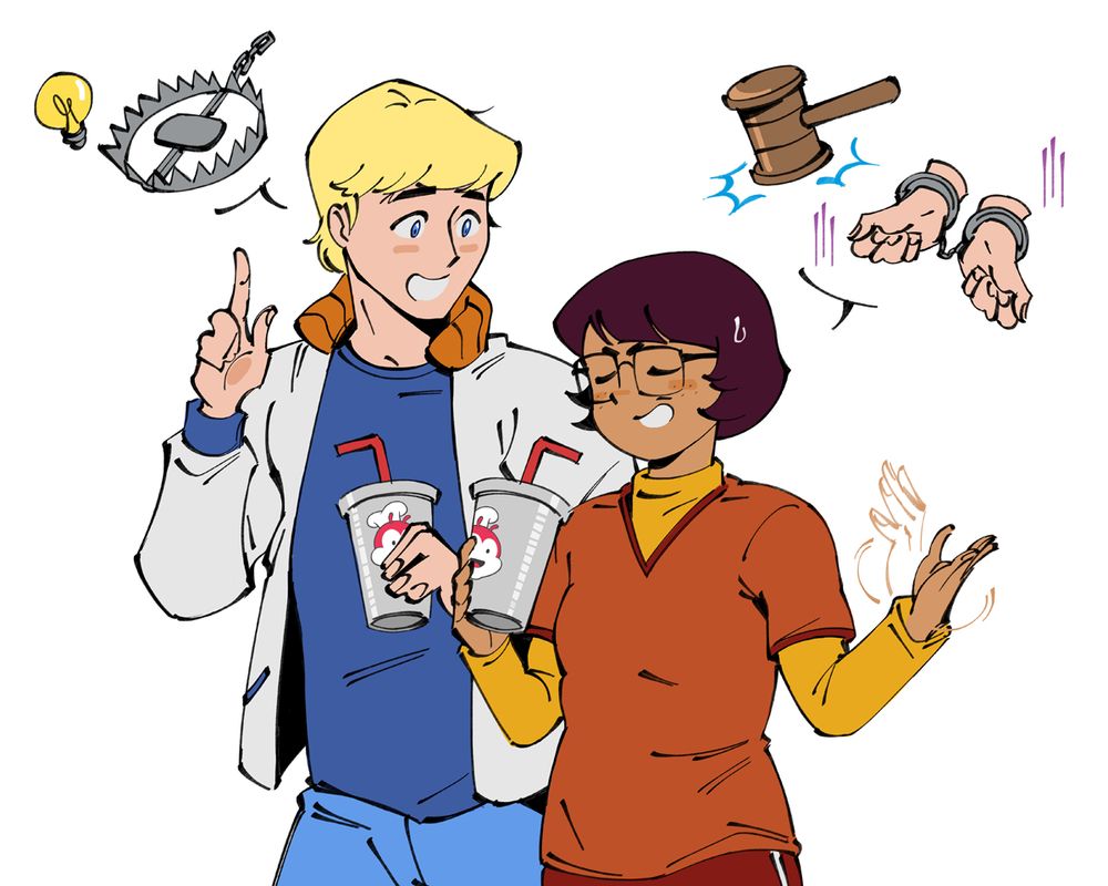 fred and velma talking about traps and their real-life repercussions. they are holding two soda cups with straws. an image of a bear trap with an idea bulb appears next to fred, while a gavel and hands in handcuffs appear next to velma