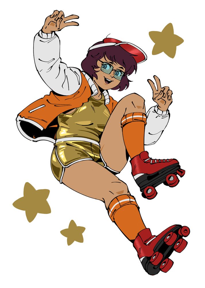 drawing of velma dinkley in a dynamic pose with both her hands doing the peace sign. she is wearing an orange/white bomber jacket, a gold top and shorts coordinate, orange socks, red sun visor and red roller skates. around her are three golden stars scattered on either side (#ScoobyDoo)