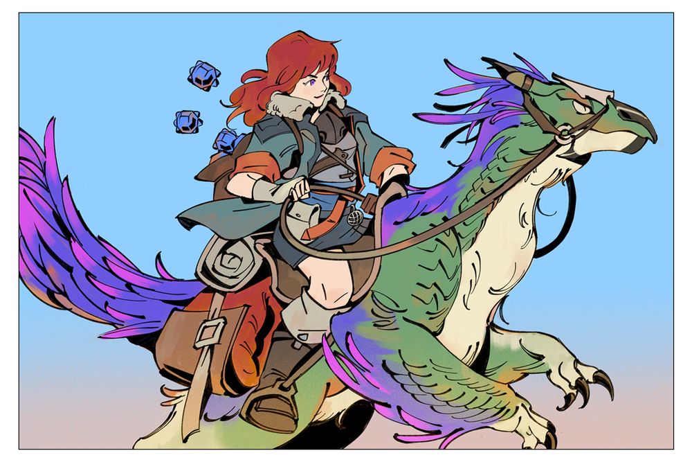 a hunter is riding a seikret while carrying a backpack full of armor spheres. drawn for the armor sphere event. (this was supposed to be a generic hunter, but somehow got jeeper'd into daphne, i dont have an excuse...)