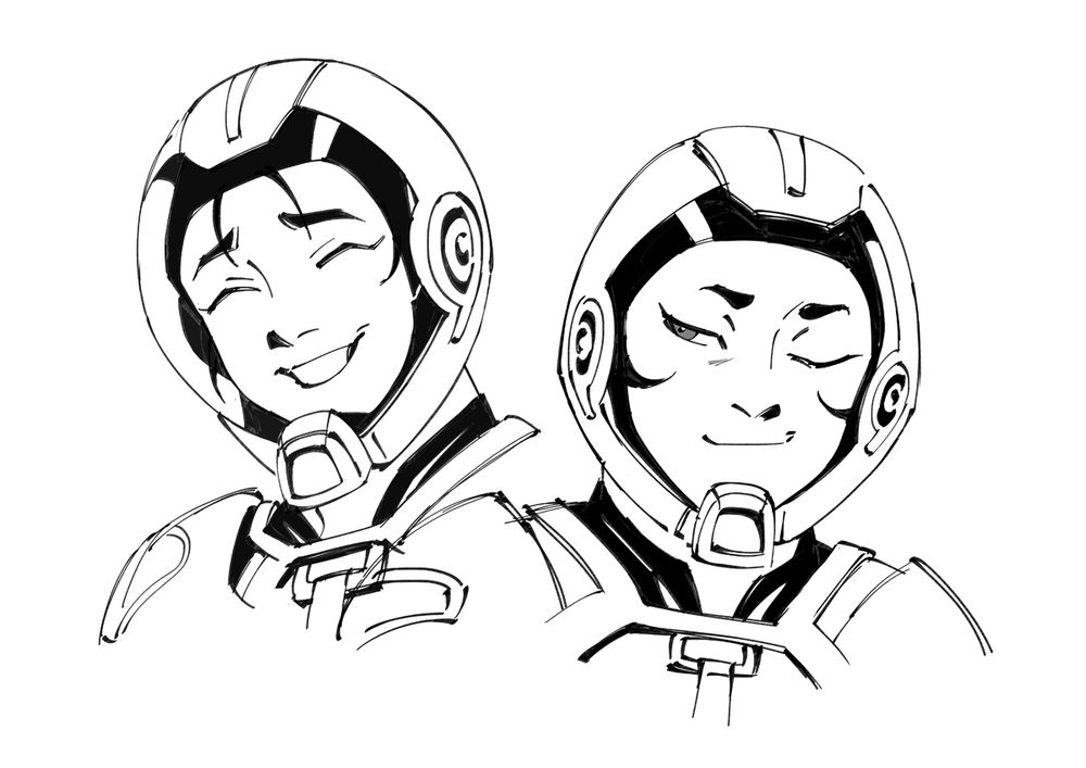 sketch of two unnamed co-pilots of a mech