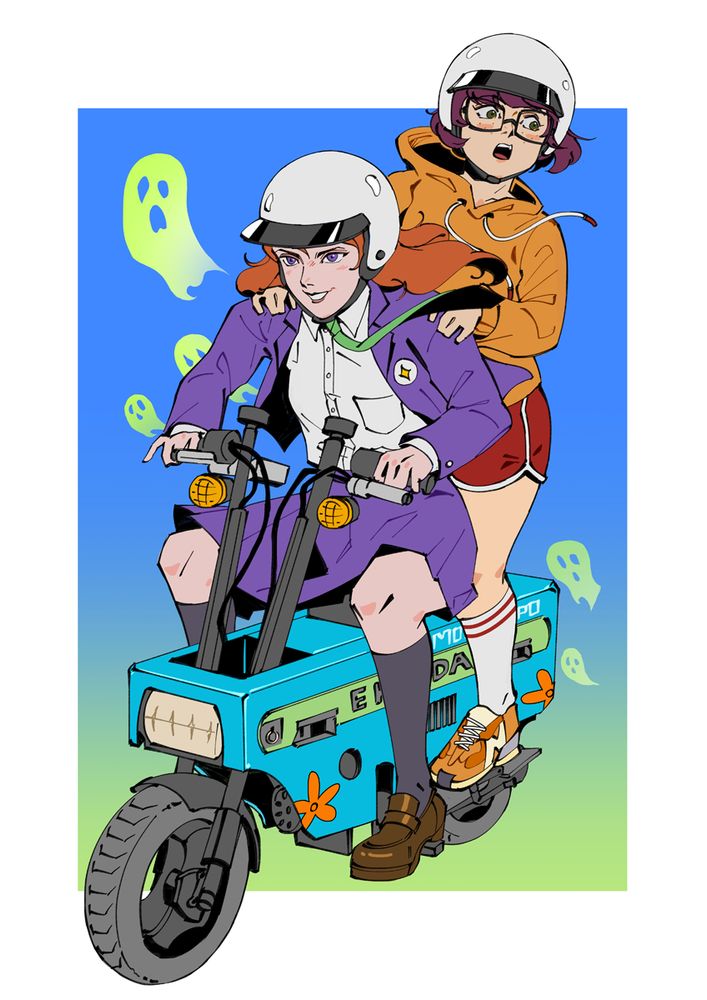 daphne blake and velma dinkley (scooby doo) running away from ghosts while riding on a motocompo. drawing was made early into this year