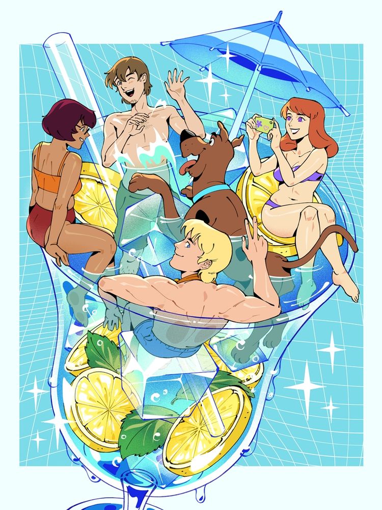 mystery inc inside a tall glass filled with water, ice cubes, lemon slices and mint leaves, as if they're relaxing inside/by a pool