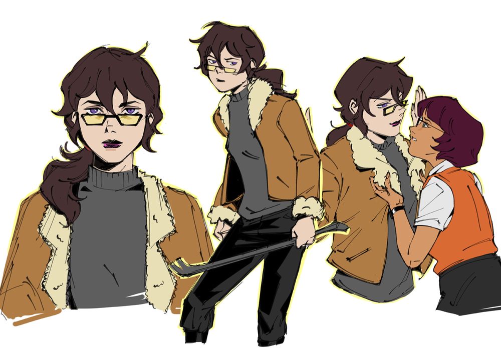 sketch page of an alternate version of marcie fleach. from left to right: a bust sketch of marcie, a semi-full body sketch of marcie holding a crowbar, and a sketch of velma grabbing marcie by her jacket lapels