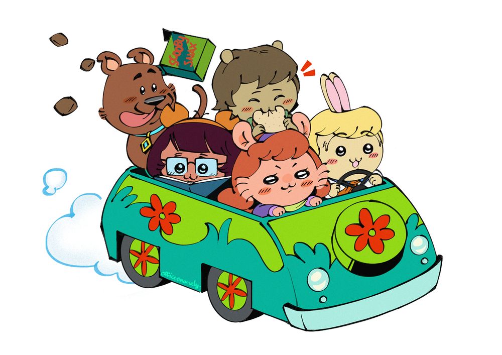 mystery inc drawn as chiikawa characters inside a convertible mystery machine (daphne = momonga, velma = kani, fred = usagi, shaggy = chiikawa, scooby as himself, but a chiikawa OC [i can't turn him into hachiware, sorry...])