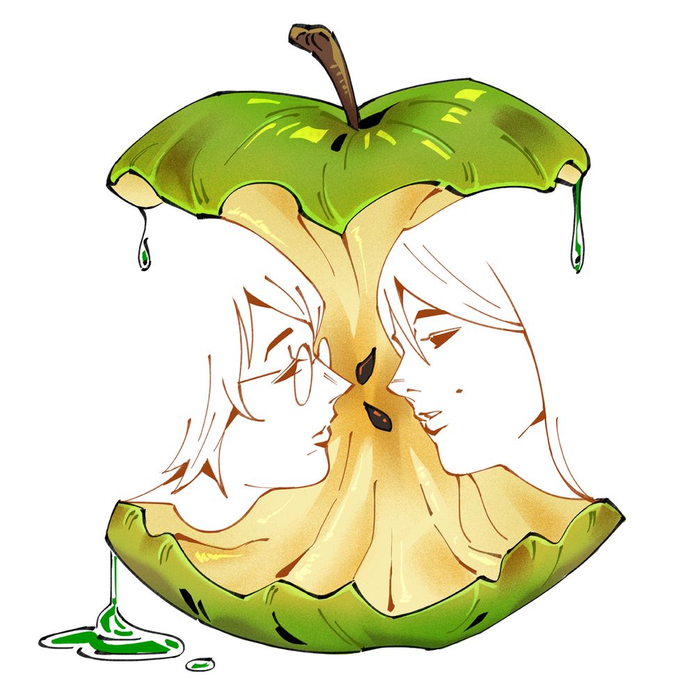 the apple trend featuring paracelsus and audrey from darkest dungeon. the apple is green with some poisonous fluid dripping from the sides