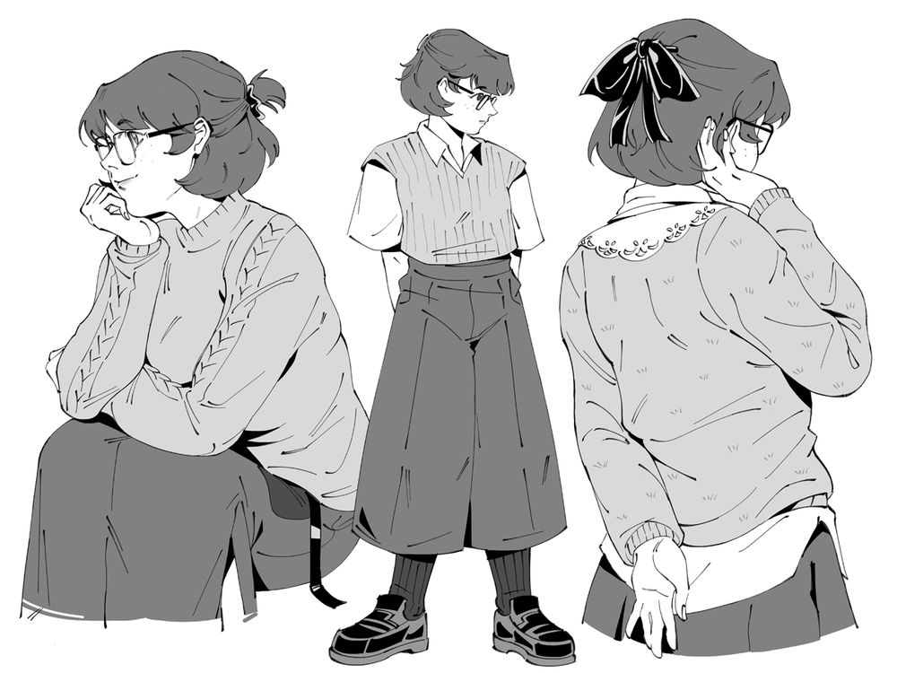 b/w page of velma wearing different outfits. from L-R:

1. velma sitting down with her chin resting on her palm. she is wearing a cable knit sweater and a color block skirt. her hair is in a half-ponytail held up by a scrunchie

2. full body drawing. she is wearing a knitted vest over a button down shirt, culottes, dark socks and loafers

3. velma's back turned towards the viewer, tucking some hair strands behind her ear. her hair is in a half ponytail held up by a ribbon clip. she is wearing a cardigan with a lace collar over a button down shirt, and a pleated skirt