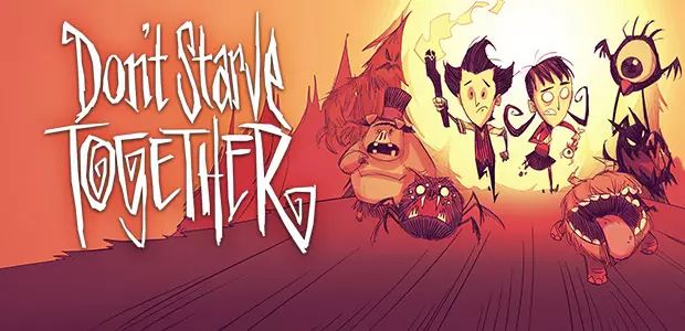 The title card of Don’t Starve Together. Wilson and Willow is holding a torch and an eyebone, running with various mobs like tree guard, pigman, spider, Chester, hound, and tall bird. 