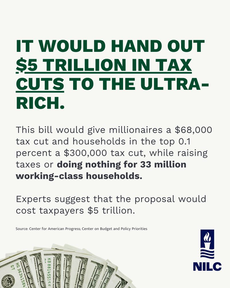 It would hand out $5 trillion in tax cuts to the ultra-rich.

This bill would give millionaires a $68,000 tax cut and households in the top 0.1 percent a $300,000 tax cut, while raising taxes or doing nothing for 33 million working-class households.