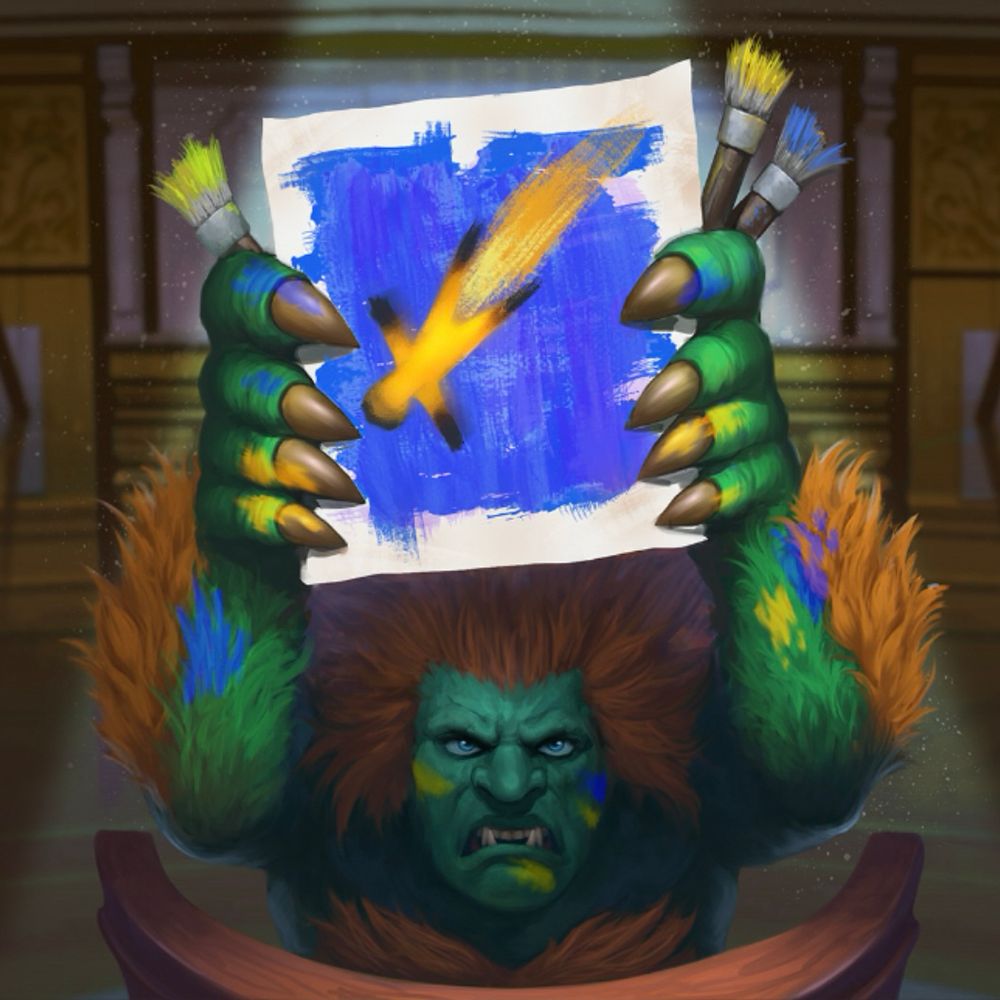 Flavor Text, spoken by Blanka: First there was a loud noise, and then I saw some guy in orange flying through the sky!
Look, I drew a picture!

Blanka (Street Fighter) holding up a childish painting of what he witnessed the night before the statue's destruction. The picture shows an orange figure flying through the sky, which should rightfully lead you to assume that Larry Butz is the guilty party on account of his orange outfit. This card is also a reference to a scenario from the 3rd Ace Attorney game, where Larry Butz paints what he believed he saw the night of a certain crime. 