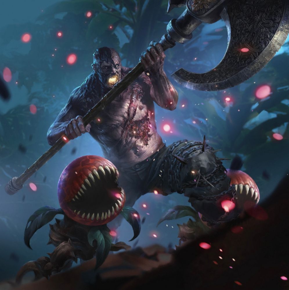 Flavor Text: The strange cries of the mutated plants alerted him to the prey in the garden. Bloody claws carried a hefty axe, and heavy feet charged through the thorns. The giant was covered in congealed sprays of blood.

Uriaș Drac (Resident Evil), an enormous mutated man wielding an axe, Audrey plants (Breath of Fire III) are wrapped around his legs. Uriaș Drac, meaning 'Devil Giant' in Romanian, is a mini-boss in Resident Evil Village that Ethan can encounter twice in the game. In context of this card pack, Uriaș Drac is the keeper of the greenhouse in this nightmarish manor that Sherry is trapped in.