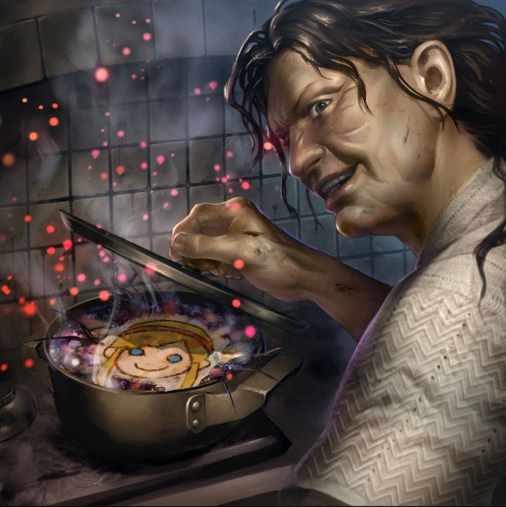 Flavor Text: The pot boiled with something dark that gave off a terrible stench. White steam rose up as it was stirred, and beyond the haze was the girl from the portrait.
"You're not going anywhere, missy."


Marguerite Baker (Resident Evil) cooking up something revolting with a drawing of Sherry Birkin in the pot. In RE7, Marguerite is the one who cooks the meals for the Baker family, and a scene early on in the game has Ethan forced to sit down at the table to eat dinner with them. As their minds and bodies have been ravaged by the mold, the food is wholly inedible. In the context of the card pack, Sherry’s been captured by one of the pursuers and is now seated in the dining room for a meal. 