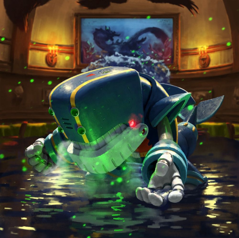 Flavor Text: Water erupted from the sea of paintings at the command of the whale-like monster standing in the great hall, washing away the furnishings like a great tsunami and making them prisoners of the maelstrom. A deluge of the deep blue.

Tidal Whale (Mega Man X), a large whale-like robot with angry red eyes, mist coming from its mouth. The floor below him is filling with water, and a painting of a Lagiacrus (Monster Hunter) is behind him. Tidal Whale, formerly known in the west as Duff McWhalen, is a maverick boss from Mega Man X5. In context of this card pack, Tidal Whale is responsible for the flooded grand hall that can be seen in Lagiacrus' unit card and several others. 