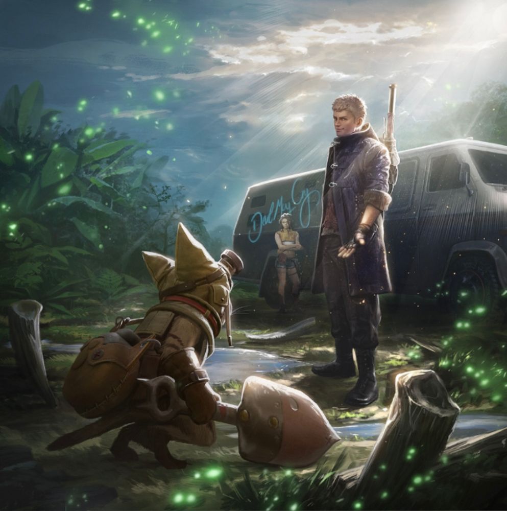 Flavor Text, from the Felyne's POV: As long as I have someone who'll go with me and is brave enough to take the furr-st step, I'll keep purressing on!

The Felyne (Monster Hunter) being invited to join Nero and Nico (Devil May Cry) on their adventures and journey through the TEPPEN world in the DMC Van. In the story of TEPPEN, the playable Felyne's village was destroyed by the Nergigante you can also play as. Nero can see that the Felyne wants revenge and to get stronger the same way he did, and from the card pack 'Adventures of a Tiny Hero' onwards, Nero and Felyne become friends and partners in the story. Felyne's role as Nero's sidekick is also meant to evoke the function Palicoes serve in the Monster Hunter series, being allies to your hunter while on missions.