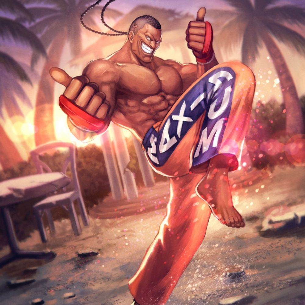 Flavor Text: The guy with the most apt name in the business.
Dee Jay floors crowds with his music and his opponents with his kickboxing skills.

Dee Jay (Street Fighter) performing a knee strike, while giving two thumbs up and a big grin. The card's art is based on "The Lemony", the name of his home stage in SSF2, a restaurant/dance club in Jamaica.