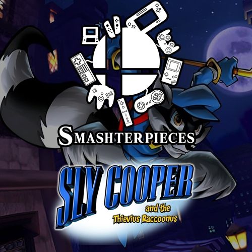 The Smashterpieces logo on top of art of Sly Cooper jumping off a rooftop, the Sly Cooper & the Thievius Raccoonus logo is below it