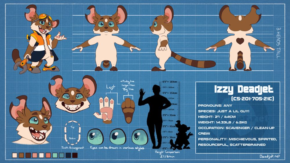 A reference sheet of Izzy Deadjet: A small, rodent-like gremlin creature. The reference sheet includes a turnaround, a casually posed Izzy wearing high-vis gear, a few headshots to show the teeth layout, hand and feet pawpad references, a small guide to show that the eyes can be drawn in various styles, a height comparison chart, and an info panel that says:

Izzy Deadjet
[CS-201-705-21C] (This is actually a reference to one of the earliest concept drawings of Izzy made on the 21st of May 2017. I can’t remember what the letters refer to but I remember it was to do with how herp breeders “name” hatchlings)
Pronouns: Any
Species: Just a lil guy!
Height: 2’1 / 64cm
Weight: 14.33lb / 6.5kg
Occupation: Scavenger/Clean-UpCrew
Personality: Mischievous, Spirited, Resourceful, Scatterbrained