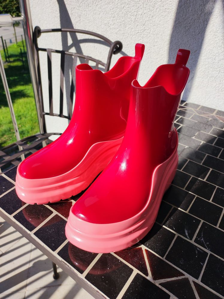 Melissa red upper, pink sole rubber boots