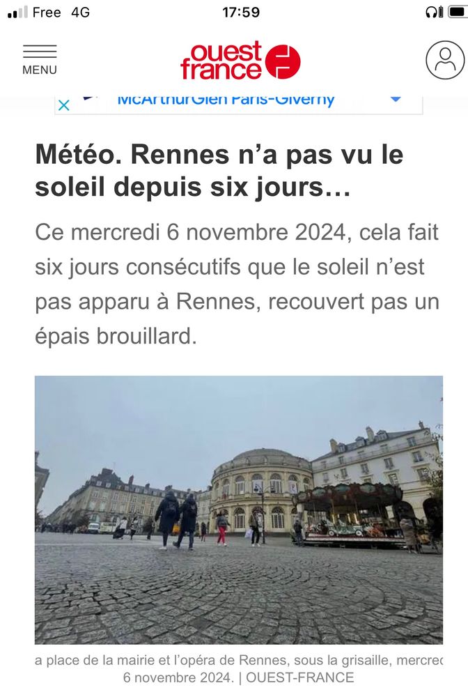 Article de Ouest-France titré « Météo : Rennes n’a pas vu le soleil depuis 6 jours… »
Daté du 6 novembre, et depuis l’astre flamboyant est toujours porté disparu !