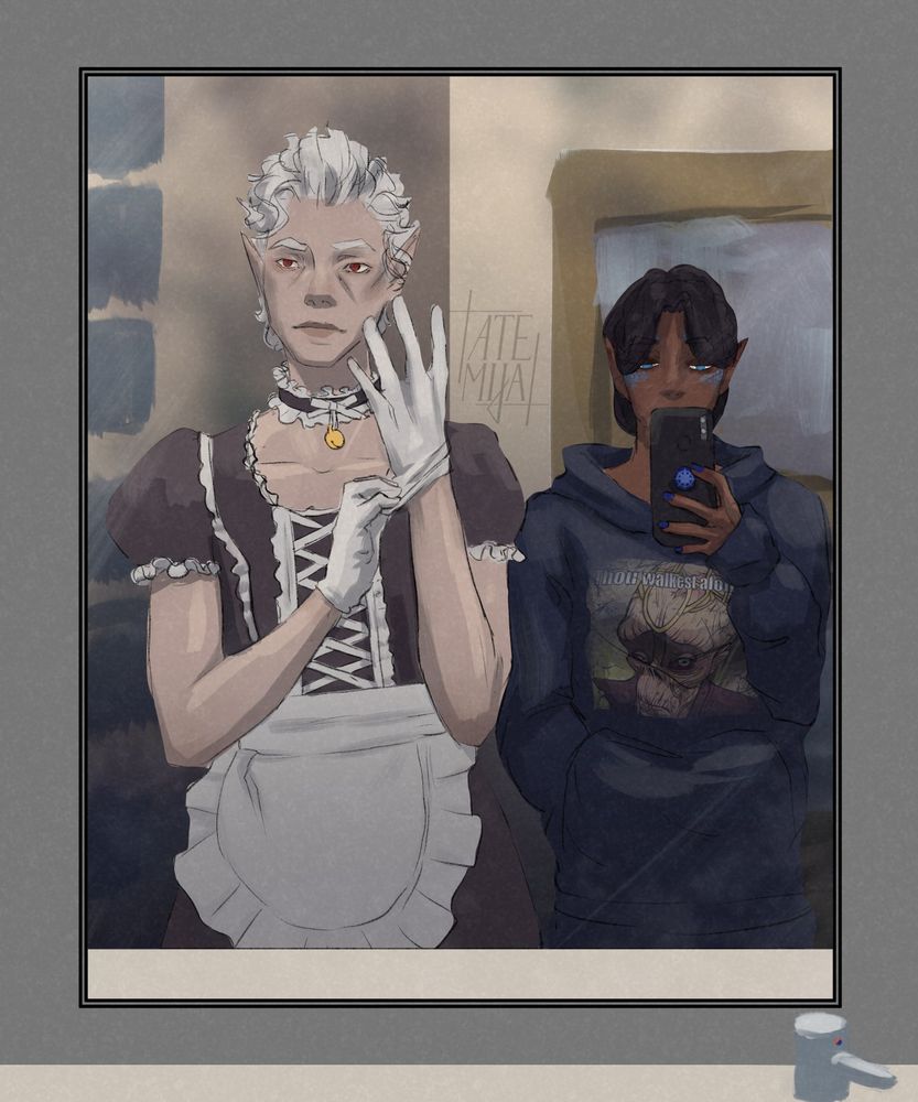 Astarion from Baldur's Gate 3 putting on a maid suit, while Darkskin Tav in a sweatshirt with the "Art Walketh Alone" meme takes a mirror selfie.