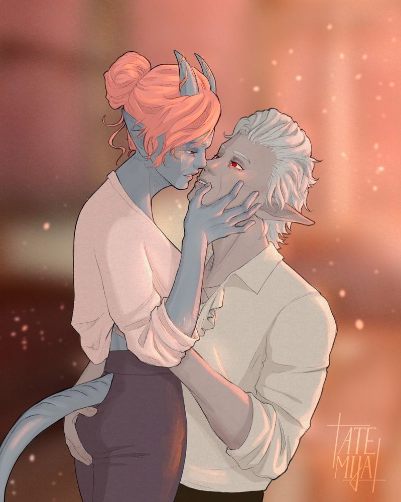 couple, Tiefling women with blue skin, tail, pink hair and short horns embracing a pale elf with red eye, stroking his lips, ready to kiss