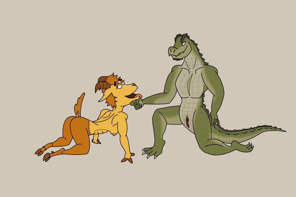 Alba the goat is on her hands and knees, panting as Camilla the lizard woman kneels before her and gently lifts her chin with her knuckles. Her cloaca is on full display, and Alba clearly wants a taste