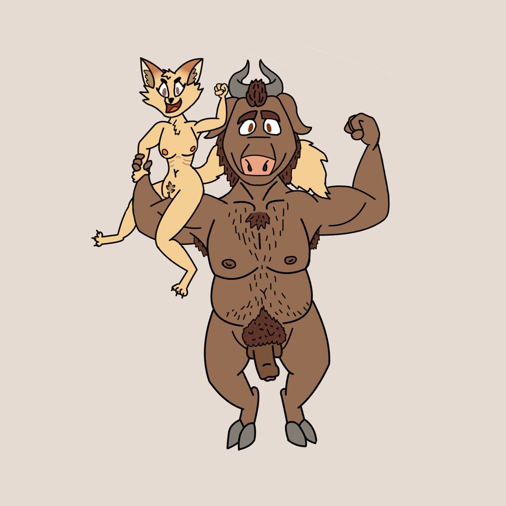 Will the minotaur standing proud with both biceps flexed.  Heloise the fox sits atop his right arm, showing off her muscles too.  They are both au naturale.