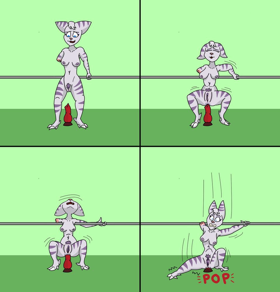 A four panel comic of Rivet the Lombax from Ratchet and Clank slowly squatting down onto a knotted, red dildo, easing it into her ass. In the final panel, her leg slips out from under her and she falls down onto it with a loud pop, a look of pain and shock on her face.