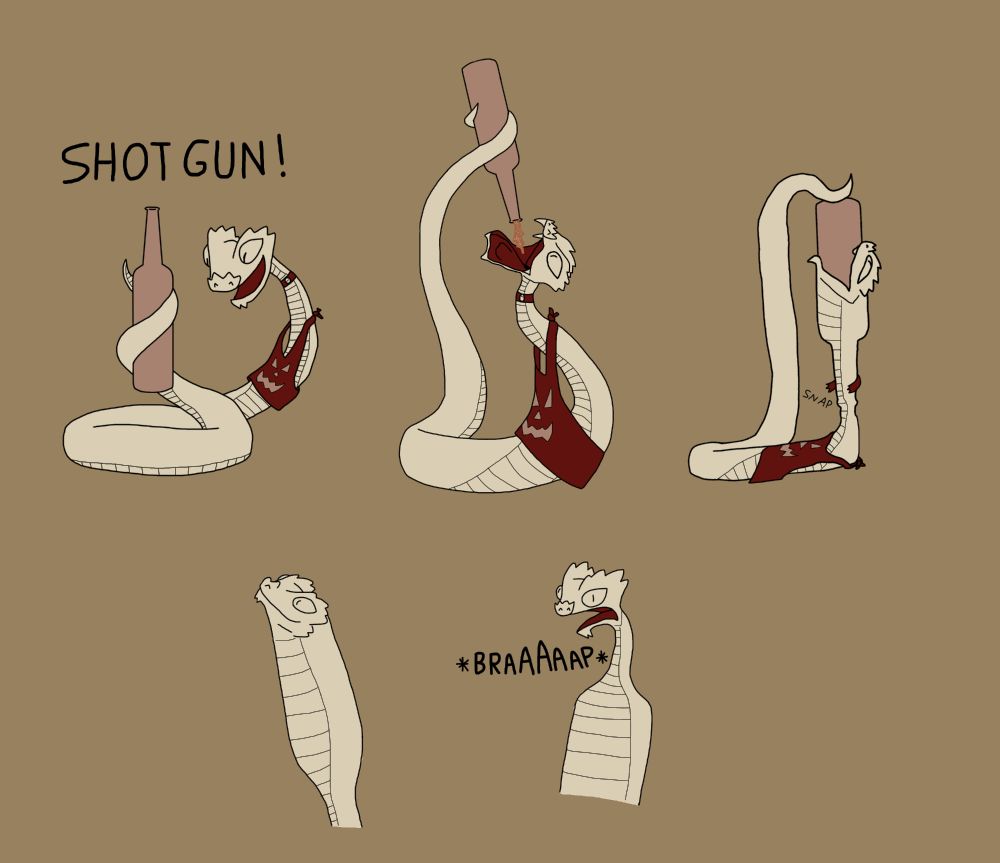 Punkin the snake shotgunning a bottle of beer, then unhinging her jaw to swallow it whole like a rat.