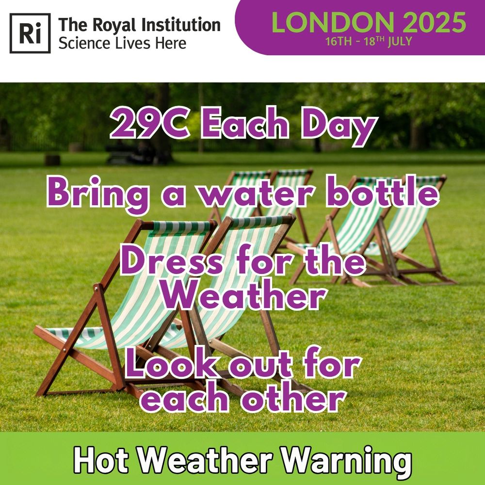A graphic of green pinstripe deck chairs with purple and white text which reads 

"29C Each Day
Bring a Water Bottle
Dress for the weather
Look out for each other
Hot Weather Warning"
