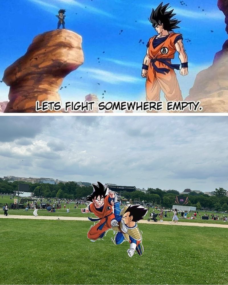 the Goku & Vegeta "lets fight somewhere empty" meme, they go fight in the almost empty pathetic Trumpian birthday military parade