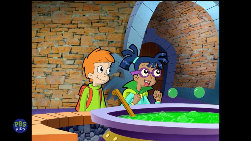 Shari talking about a potion she made in her cauldron in front of a highly impressed Matt in the Cyberchase episode "Shari Spotter and the Cosmic Crumpets", a rare classic installment of that series (from when the show was being co-produced with Nelvana and thus traditionally animated) I managed to record PBS Kids airing in the modern day when I saw it come on the channel earlier tonight.