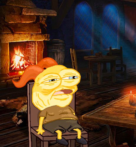 My dragonborn character Niiotaan DiBaal traced over a frame from the cartoon Smiling Friends. She sits tired and withered in a wooden chair within a medieval style tavern (drawn by Snezana). Niio is varying shades of yellow, lighter yellows mimicking eye bags and a five-o'-clock shadow. Niio's eyes are bright blue. Her horns are a burnt orange. She wears a brown tunic, dark grey pants, and black shoes.