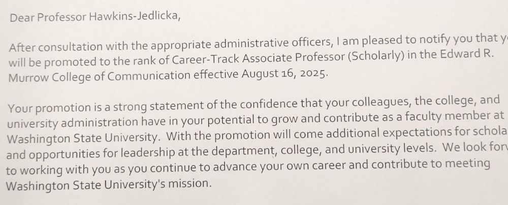 A letter that reads that Cara Hawkins-Jedlicka has been promoted to an associate professor. 