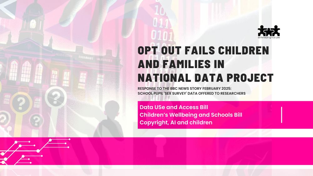 A card to accompany the blogpost: School pupils’ ‘sex survey’ data offered to researchers: Opt out fails children on reuse of ID and research https://defenddigitalme.org/2025/02/05/school-pupils-sex-survey-data-offered-to-researchers-opt-out-fails-children-on-reuse-of-id-and-research/ Where the headline text is on the right of the card below the Defend Digital Me logo and superimposed on a transparent background image of a government building, Scottish flag, question marks and shadow of a child, all below 'the hand of the state' and zeros and ones in white on pink.