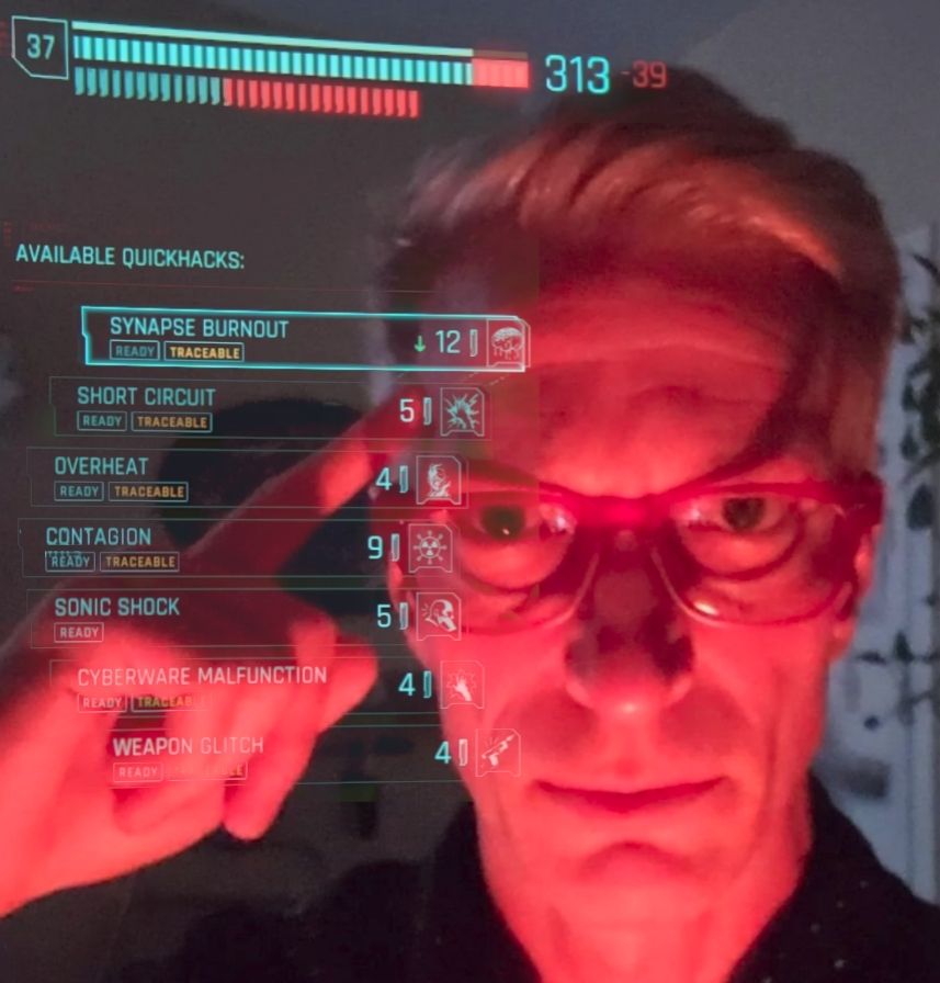 a man in red lighting with a finger pointed to his temple with the quickhack menu from cyberpunk 2077 overlayed, the quickhack "synapse burnout" is selected