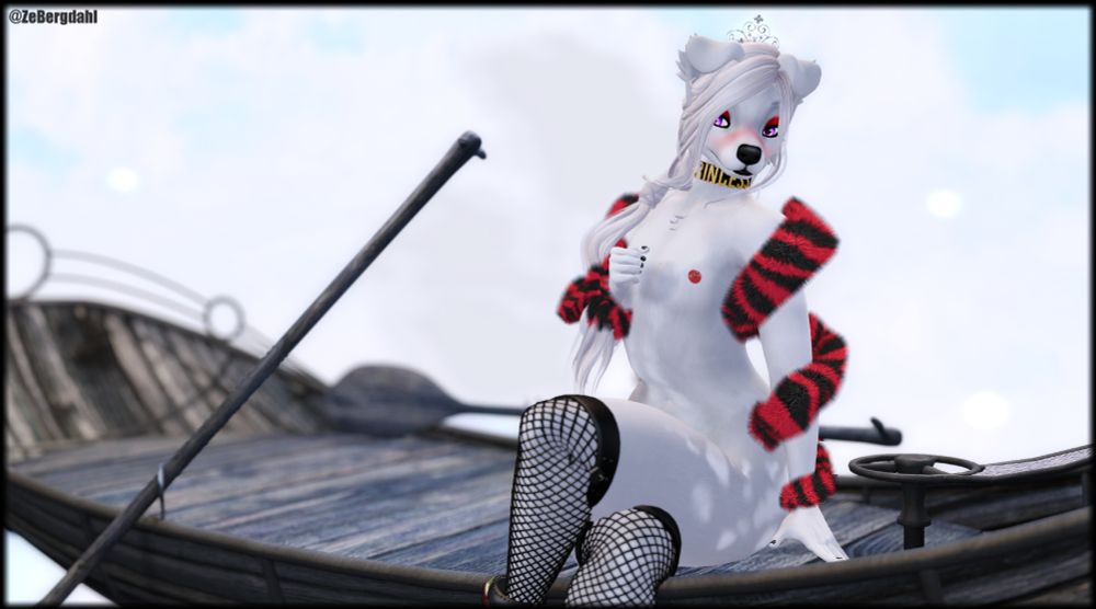 A Secondlife anthro dog, naked except for a collar, a feather boa, and shoes. Wearing makeup and a tiara. Collar saying princess. Sittin on a boat