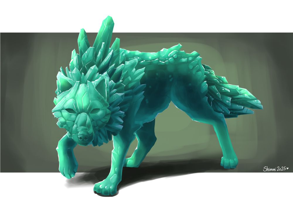 A wolf but made of a pastel-green crystal. It’s in a stalking pose
