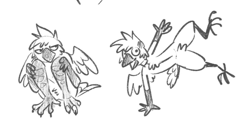 2 pencil sketches of an anthro bird character 