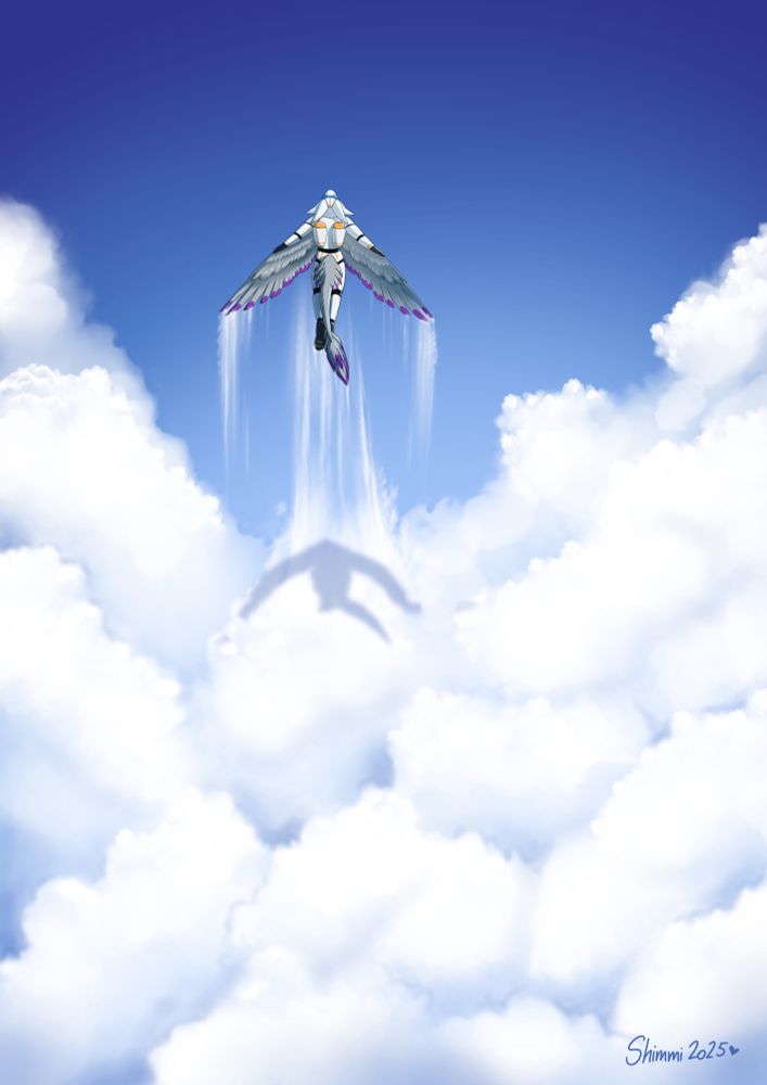 A purple and grey Avali soars above the clouds