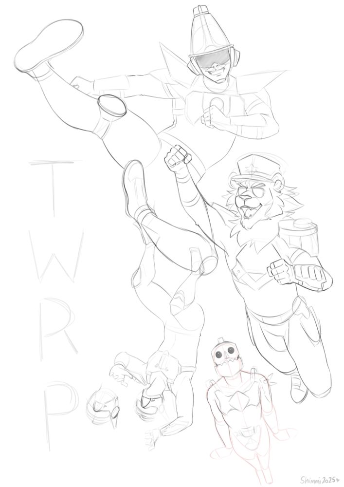 A sketch of the band TWRP. The band members are flying through the air, each in different poses
